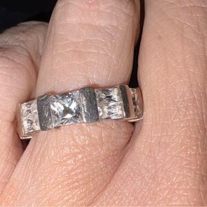 Vintage Sterling Silver CZ Princess Cut Eternity Band Ring Size 7 Stunning